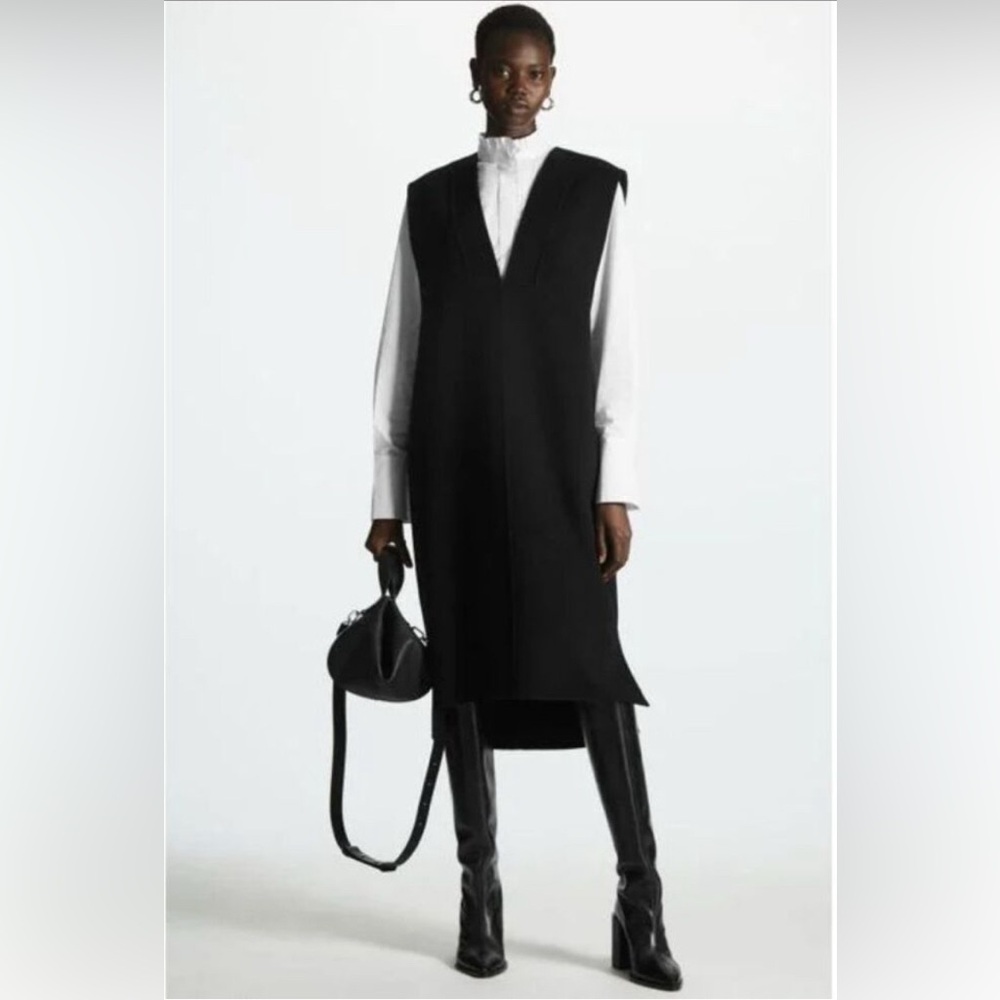 COS Midi Dress Black Wool Blend Fall 2024 Sleeveless V Neck Oversized